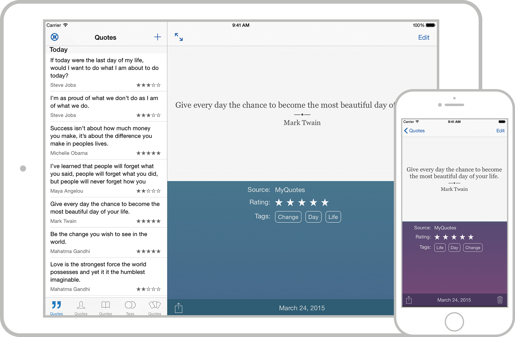 iPad and iPhone showing a screenshot of the app.
